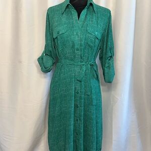 Cabi “Emerald Shirt Dress” Green Button-Front Shirt Dress with Belt
